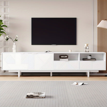 A Contemporary Bohemian-Style TV Stand Featuring Abstract White Geometric Patterns, Designed with Minimalist Cabinet Doors And Ample Storage Space. Its Dimensions Are 200 Cm by 40 Cm by 51 Cm, Suitable for a TV Up to 90 Inche