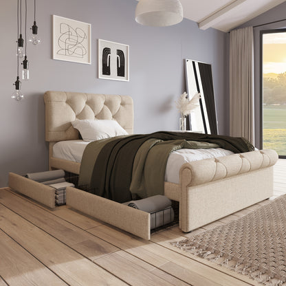 Eenpersoonsbed – Bed – Slaapbank – Logeerbed – Kinderbed – 90x200 cm – 2 Opberglades – Verstelbaar Hoofdeinde – Chesterfield Design – Natuurlijke Khaki Kleur