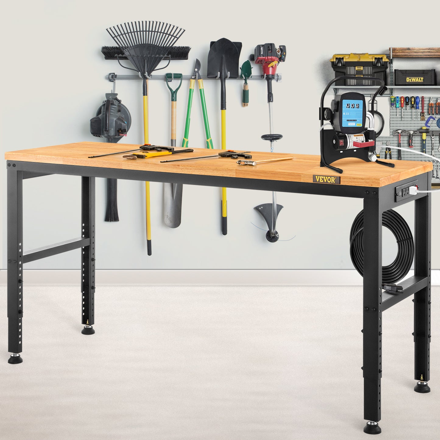 Werkbank – Werktafel – Klusbank – Werkplek – Verstelbare Hoogte – Massief Houten Blad 48"x20" – Stopcontacten en USB Poorten
