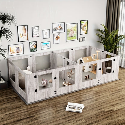 Hondenren – Hondenkennel – Werpkist – Puppyren – Binnenren – Gehard Glas – Transparante Acryl Panelen – 14 Panelen Modulair – Beschermrand Tegen Knellen – 3 Toegangsdeuren – Houten Frame – Veilig & Duurzaam