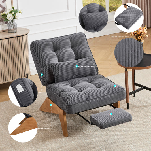 Loungestoel – Fauteuil – Relaxstoel – Loungefauteuil – Stoel Zonder Rugleuning – Verstelbare Voetenbank – Massief Houten Poten – Donkergrijs Stof