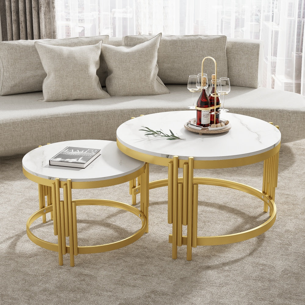 Modern Round Modular Coffee Table & Combination Table - Marble Top with Golden Metal Frame, Space-Saving Expandable Suitable for Living Room, Assembly, Durable Contemporary Table (Wood-Free)