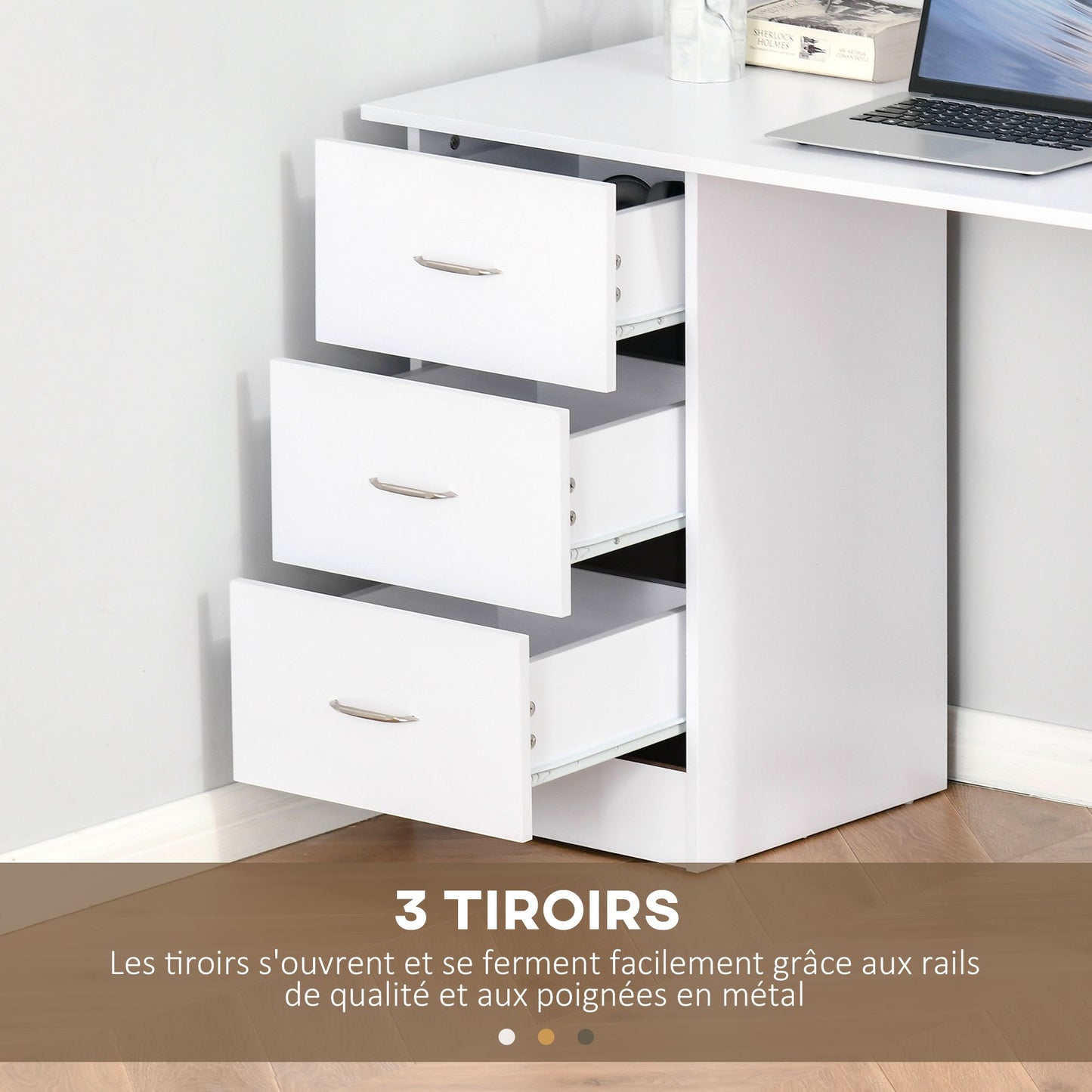 Computertafel – Bureau – Werkplek – Studietafel – Laptoptafel – Met 3 Laden – MDF Wit – Compact 120x49x72 cm