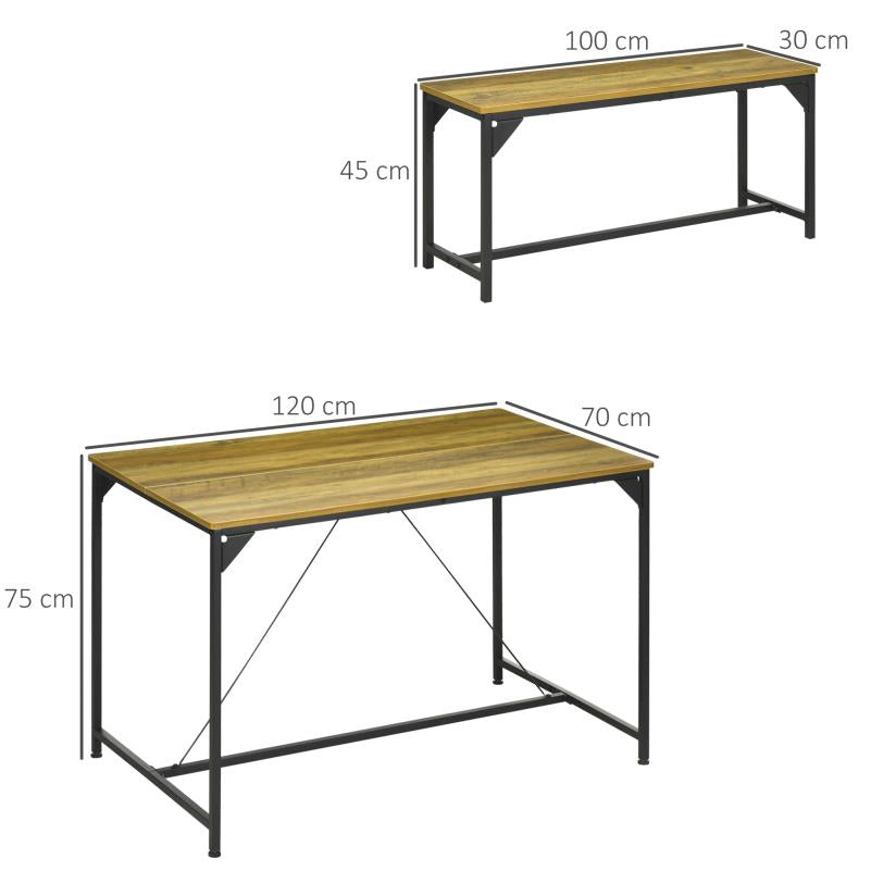 Eettafelset – Eetkamerset – Keukentafelset – Zitgroep – Eethoek – Industrieel Design – Stalen Frame & Houten Blad – Ruimtebesparend 120x70x75 cm
