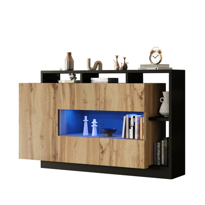 Modern Oak Veneer MDF Glazen Kast – Sideboard – Dressoir – Credenza – Opbergkast – Glazen Deuren – Zwart Frame – Eikenhout Afwerking – 68,58 cm Hoog – Zonder Spaanplaat