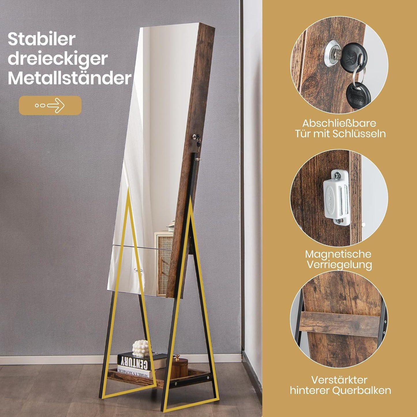 Sieradenkast – Spiegelkast – Staande Sieradenkast – Passpiegel – Juwelenkast – Volledige Lengte Spiegel 120x37 cm – Afsluitbaar Met Slot