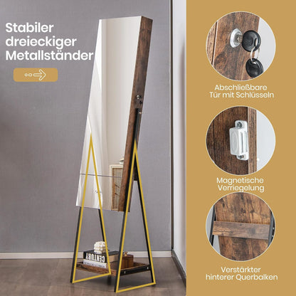 Sieradenkast – Spiegelkast – Staande Sieradenkast – Passpiegel – Juwelenkast – Volledige Lengte Spiegel 120x37 cm – Afsluitbaar Met Slot