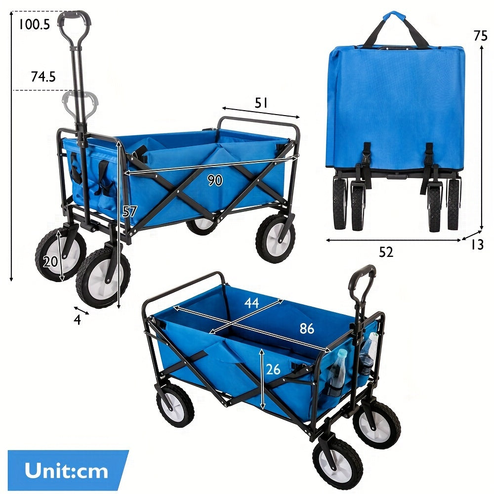 Bolderkar – Bolderwagen – Opvouwbare Handkar – Strandkar – Tuinkar – 360° Draaibare Voorwielen – Verstelbare Handgreep – Blauw – Met Bekerhouder En Zijvak