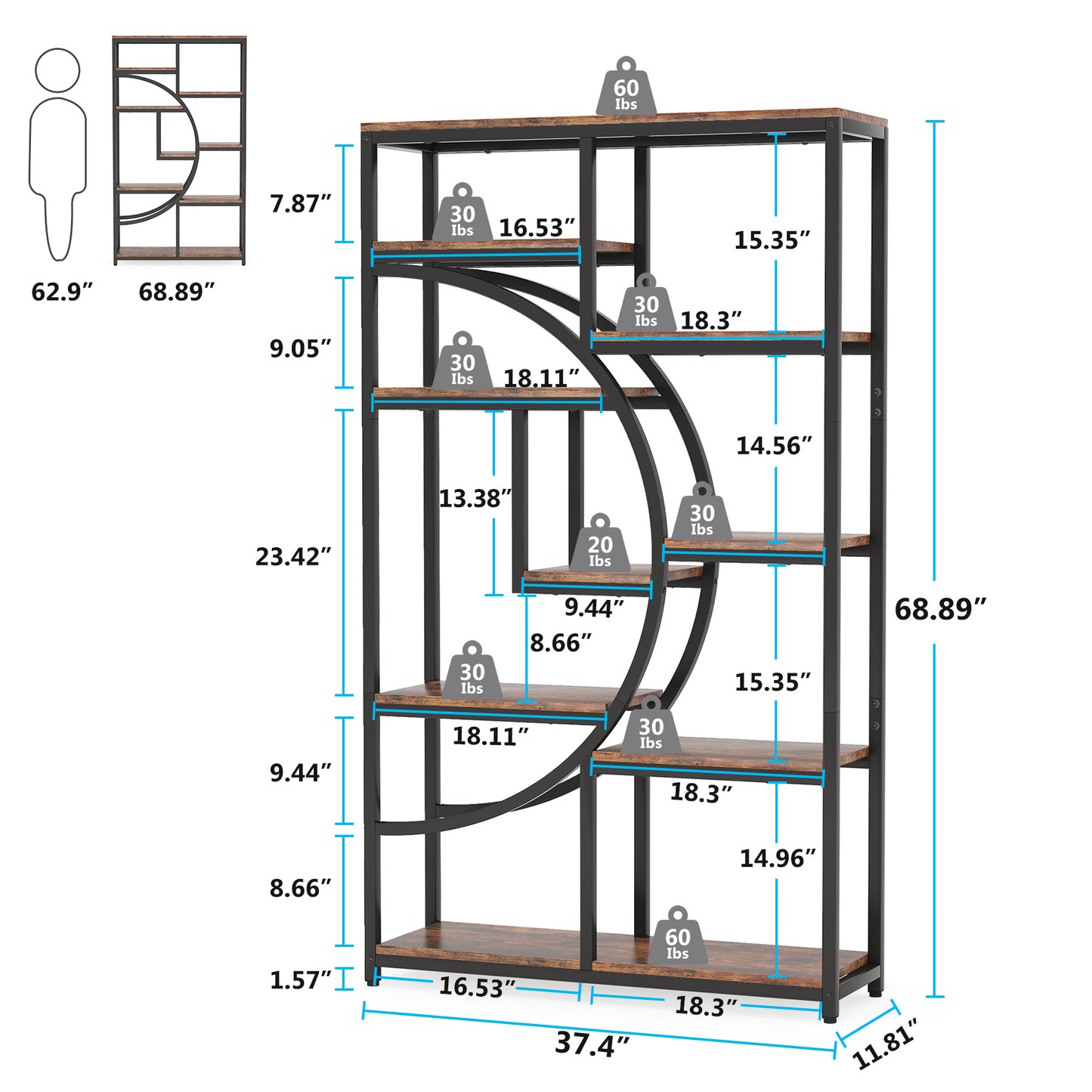 Boekenkast – Open Rek – Wandkast – Roomdivider – Opbergmeubel – Industrieel Design – 9 Vakken – Robuust Metaal & Hout Bruin