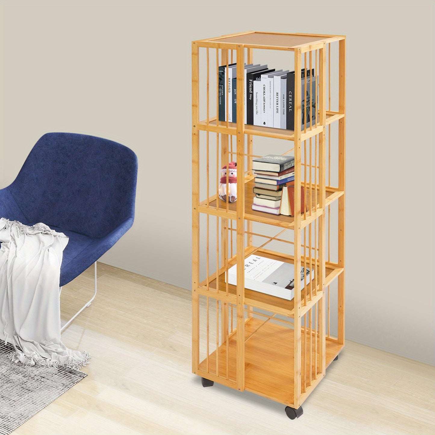 Boekenrek – Boekenkast – Boekenplank – Opbergkast – Vakkenkast – 5 Lagen – Bamboe – Mobiel met Remmen – 132x37x37 cm – Max. 100 kg – Natuurlijk Hout