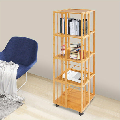 Boekenrek – Boekenkast – Boekenplank – Opbergkast – Vakkenkast – 5 Lagen – Bamboe – Mobiel met Remmen – 132x37x37 cm – Max. 100 kg – Natuurlijk Hout