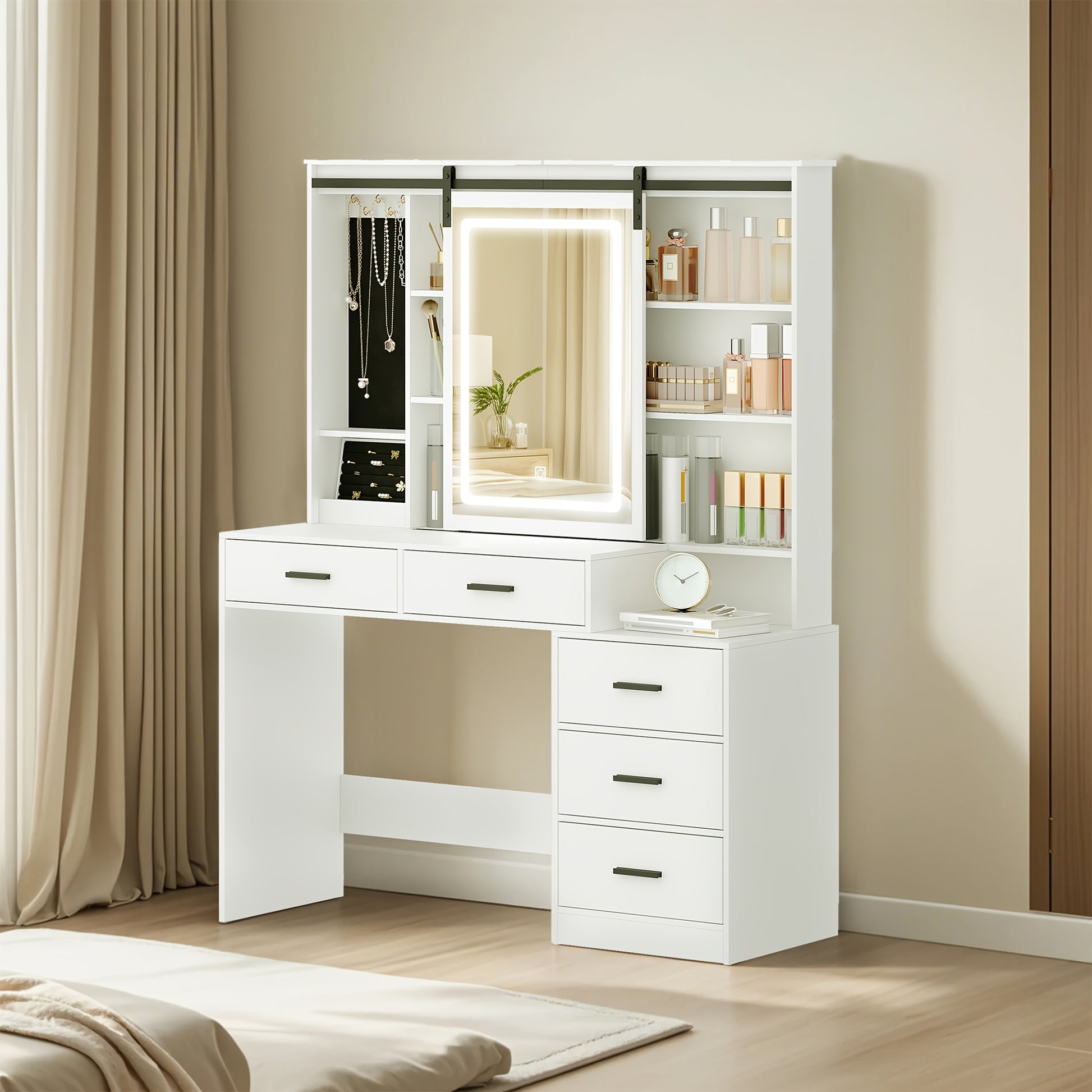 Jewelry Cabinet, Dressing Table with Adjustable LED Lights, Accessory Storage, Removable Large Mirror, with Jewellery Storage, Open Shelves, 5 Drawers, with Beside Table, for Bedroom, White, Jewelry Armoires, Mirror With Jewe - QUORE