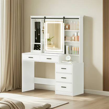 Jewelry Cabinet, Dressing Table with Adjustable LED Lights, Accessory Storage, Removable Large Mirror, with Jewellery Storage, Open Shelves, 5 Drawers, with Beside Table, for Bedroom, White, Jewelry Armoires, Mirror With Jewe - QUORE