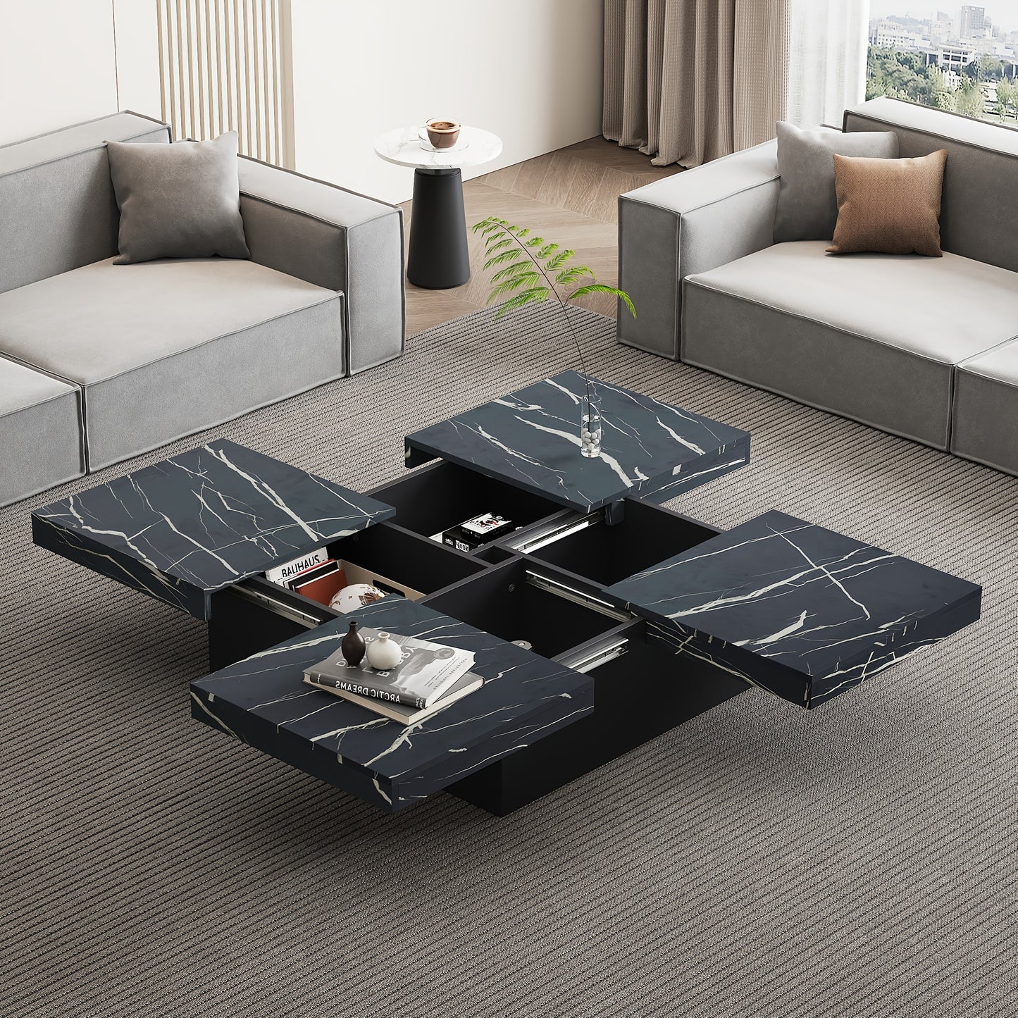 Salontafel – Koffietafel – Bijzettafel – Woonkamertafel – Tafel – Zwart – Marmerlook – Vier Lades – Schuifbaar Tafelblad – Max Belastbaar 30 kg
