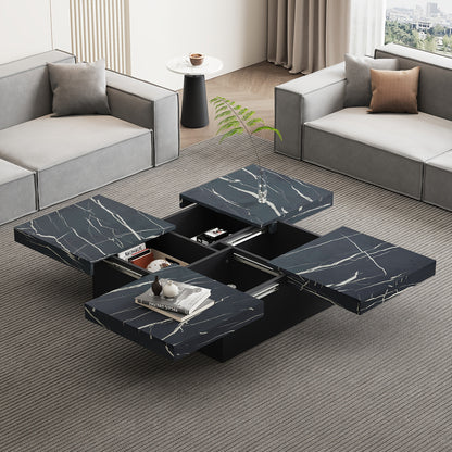 Salontafel – Koffietafel – Bijzettafel – Woonkamertafel – Tafel – Zwart – Marmerlook – Vier Lades – Schuifbaar Tafelblad – Max Belastbaar 30 kg