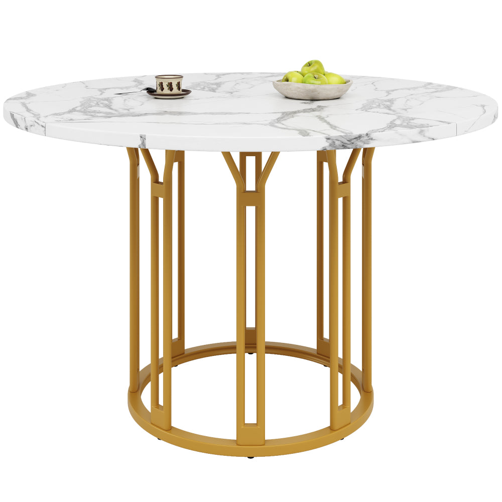 Ronde Eettafel – Eetkamertafel – Ontbijttafel – Keukentafel – Tafel Rond – Marmerlook Wit Goud – Stevige Metalen Poot – Gebruiksklaar Zonder Montage