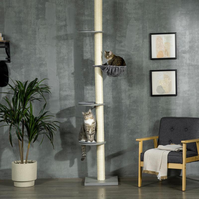 Extra Tall Modern Cat Tree Tower with Ceiling-Mounted Hammock & Scratching Post - Multi-Level Cat Furniture with Sturdy Base, Space-Saving Vertical Design for Large Cats, Easy Assembly, Grey & Cream White - Ideal for Apartmen