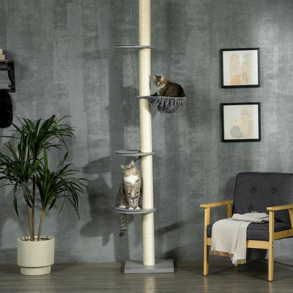 Extra Tall Modern Cat Tree Tower with Ceiling-Mounted Hammock & Scratching Post - Multi-Level Cat Furniture with Sturdy Base, Space-Saving Vertical Design for Large Cats, Easy Assembly, Grey & Cream White - Ideal for Apartmen