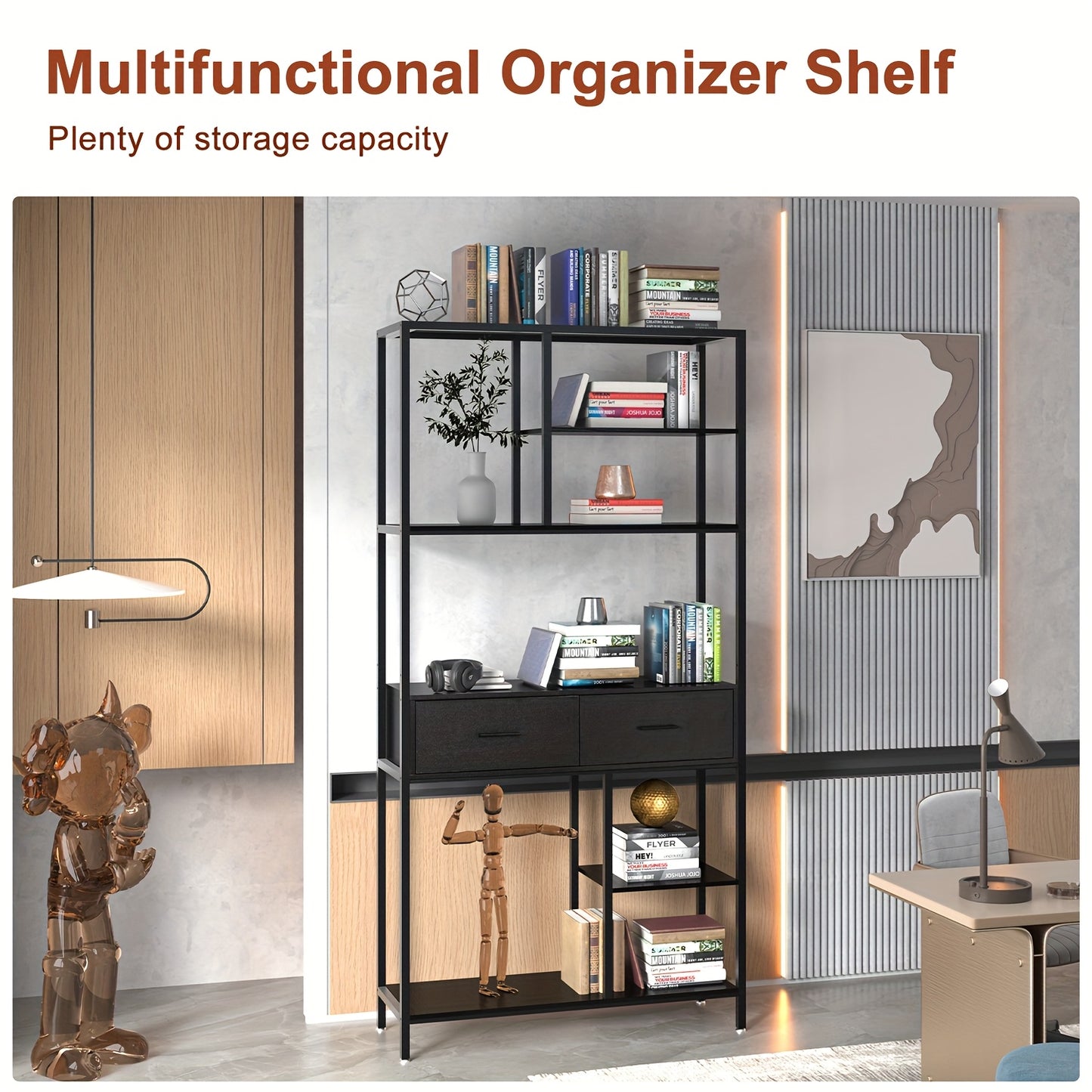 Boekenkast – Boekenplank – Opbergkast – Rek – Ladenkast – Hoog 5-laags Design – Metaal & MDF Frame