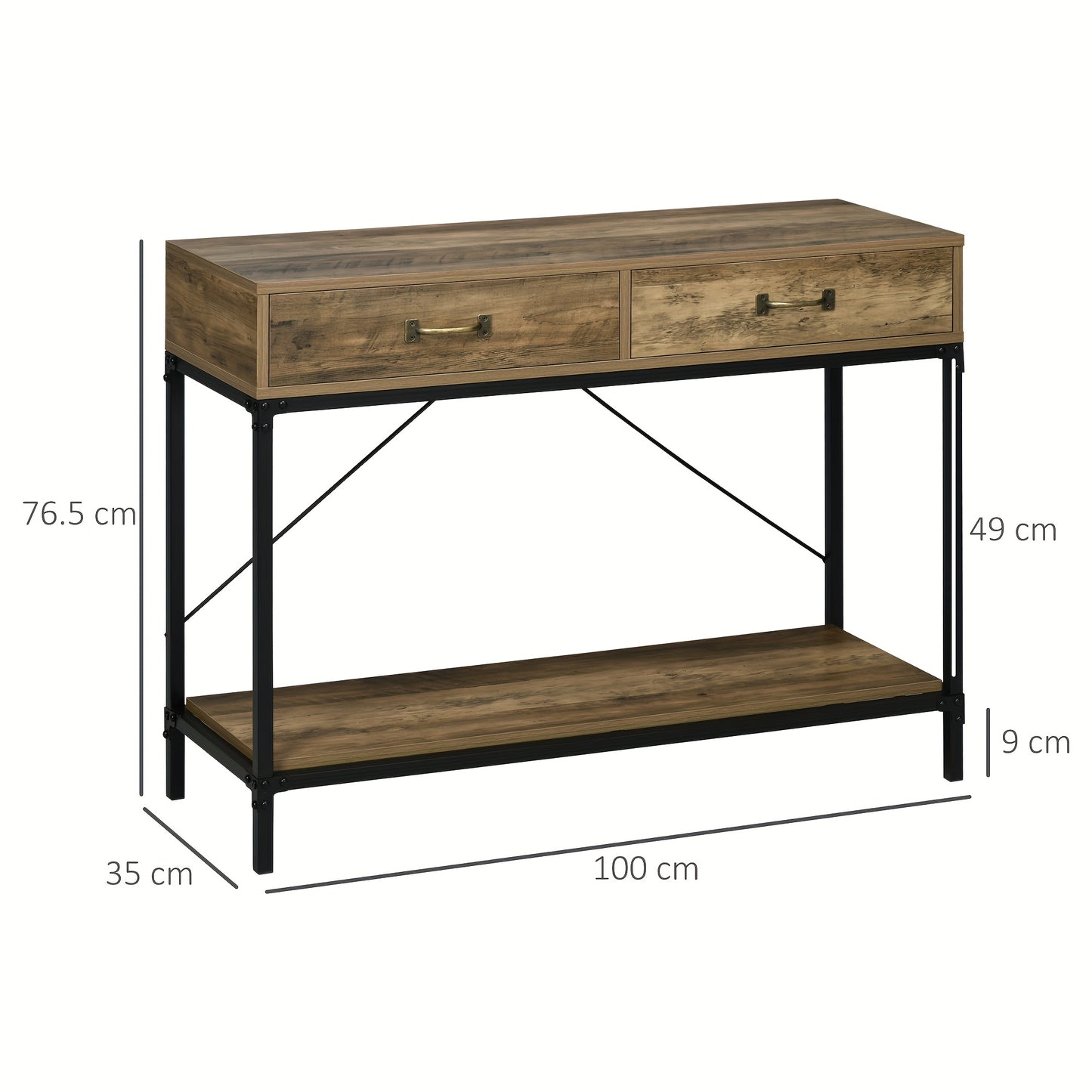 Sidetable – Consoletafel – Haltafel – Wandtafel – Dressoir – Vintage Bruin Zwart – 2 Lades En Onderplank – Compact 100x35x76,5 cm