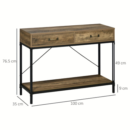 Sidetable – Consoletafel – Haltafel – Wandtafel – Dressoir – Vintage Bruin Zwart – 2 Lades En Onderplank – Compact 100x35x76,5 cm