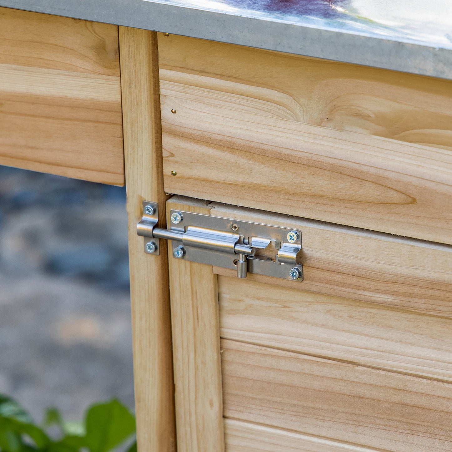 Tuinwerktafel – Tuinbankje – Werkbank – Plantentafel – Vurenhouten Tuinmeubel – Verzinkt Stalen Werkblad Met Rand – Opbergruimte Met Lade En Kastje