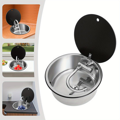RVS Spoelbak – RVS Wasbak – Keukenspoelbak – Inbouwspoelbak – Campingspoelbak – Compact Rond Design 34 cm – Incl. Opklapbare Kraan en Veilig Glasdeksel
