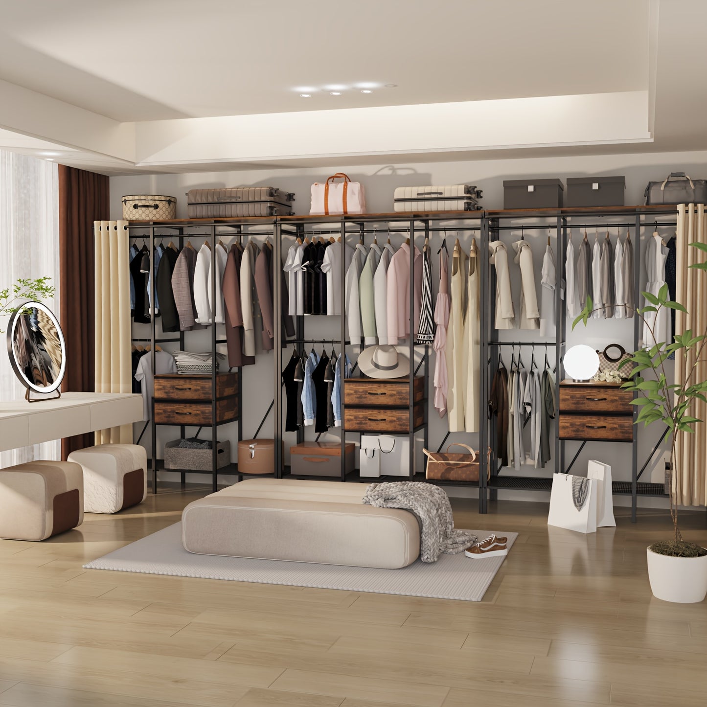 AESOME Heavy-Duty Luxury Wardrobe with Beige Dust-Proof Curtain & 3-in-1 Storage, Metal Frame, Anti-Fall Devices & 9-Compartment Drawers for Bedroom, Shop, Laundry Room