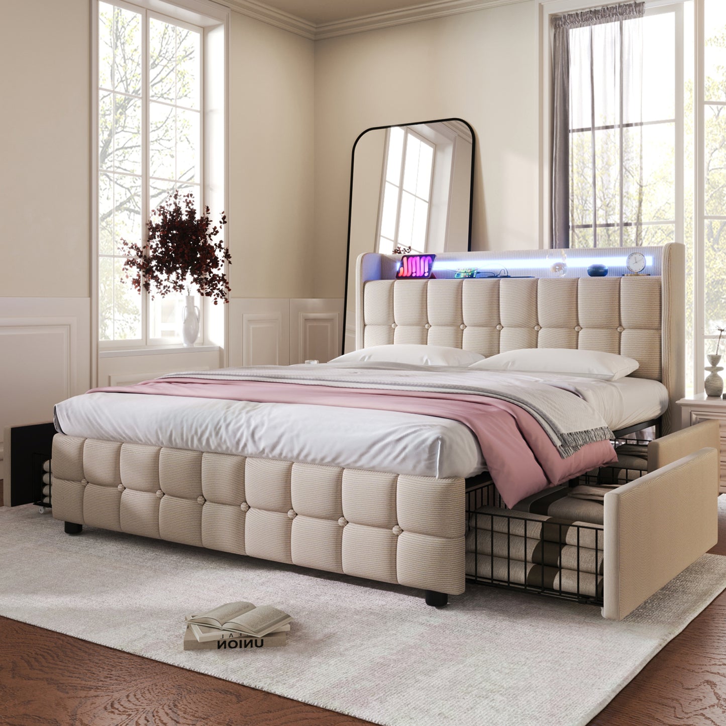 Bedkast 160x200 – Gestoffeerd Bed – Tweepersoonsbed – Opbergbed – Boxspringbed – Linnen Bekleding – 4 Ruime Lades – Lattenbodem