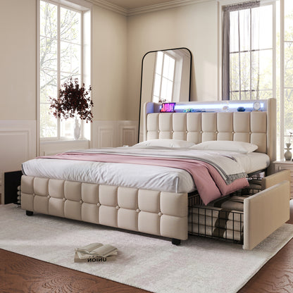 Bedkast 160x200 – Gestoffeerd Bed – Tweepersoonsbed – Opbergbed – Boxspringbed – Linnen Bekleding – 4 Ruime Lades – Lattenbodem