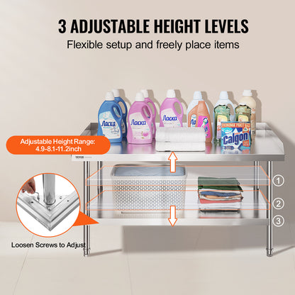 RVS Werktafel – Roestvrijstalen Werkbank – Keukentafel – Catering Tafel – Werkblad – 122x76x76 cm – Verstelbare Planken – 0,8 mm Dikte