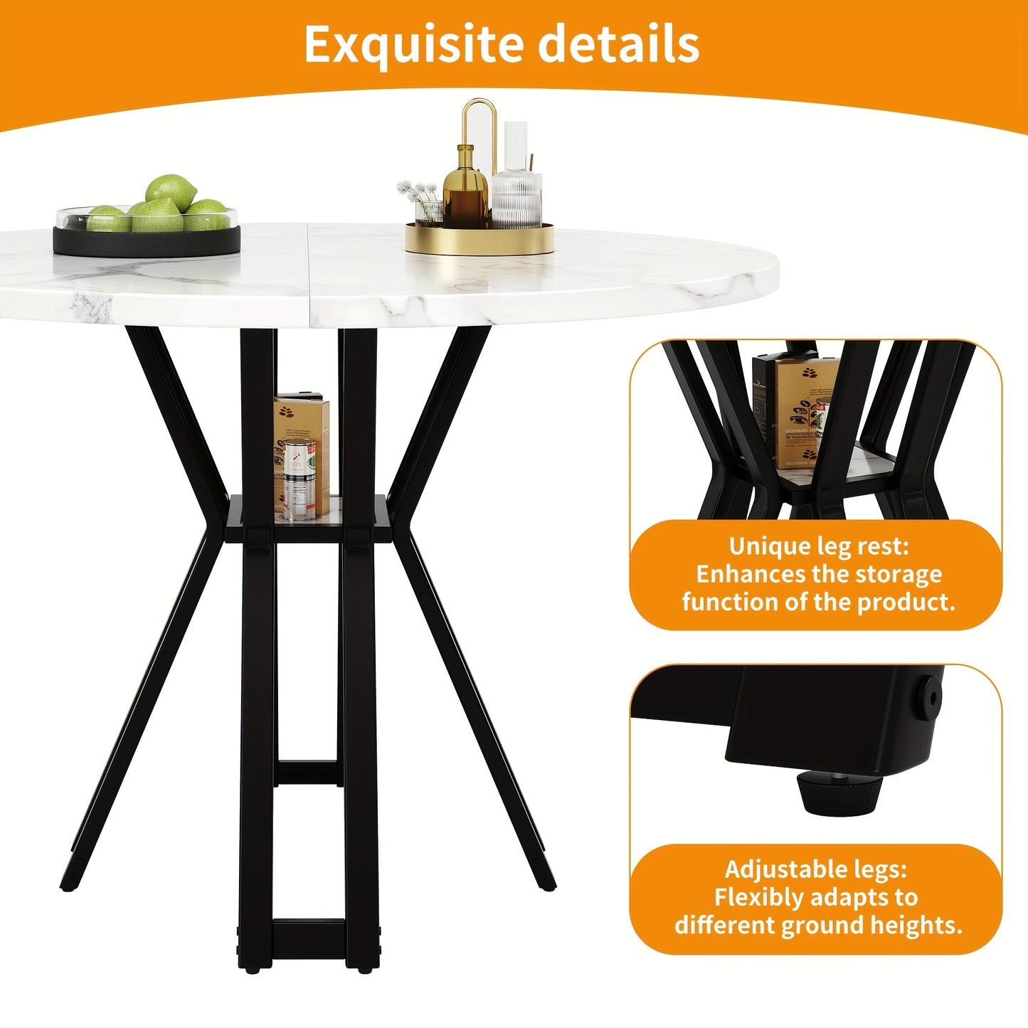 Eettafel – Tafel – Keukentafel – Eetkamertafel – Woonkamertafel – Modern Design – Marmerpatroon – Verstelbare Hoogte – Metaal & Hardhout