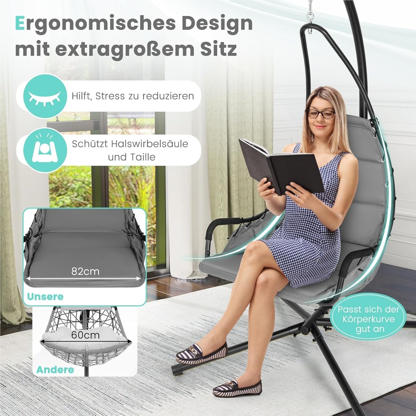 Hangstoel – Hangstoel Met Frame – Hangstoel Voor Binnen En Buiten – Hangstoel Schommel – Relaxstoel – Extra Grote Gevoerde Zitting – Stevig Metalen Frame