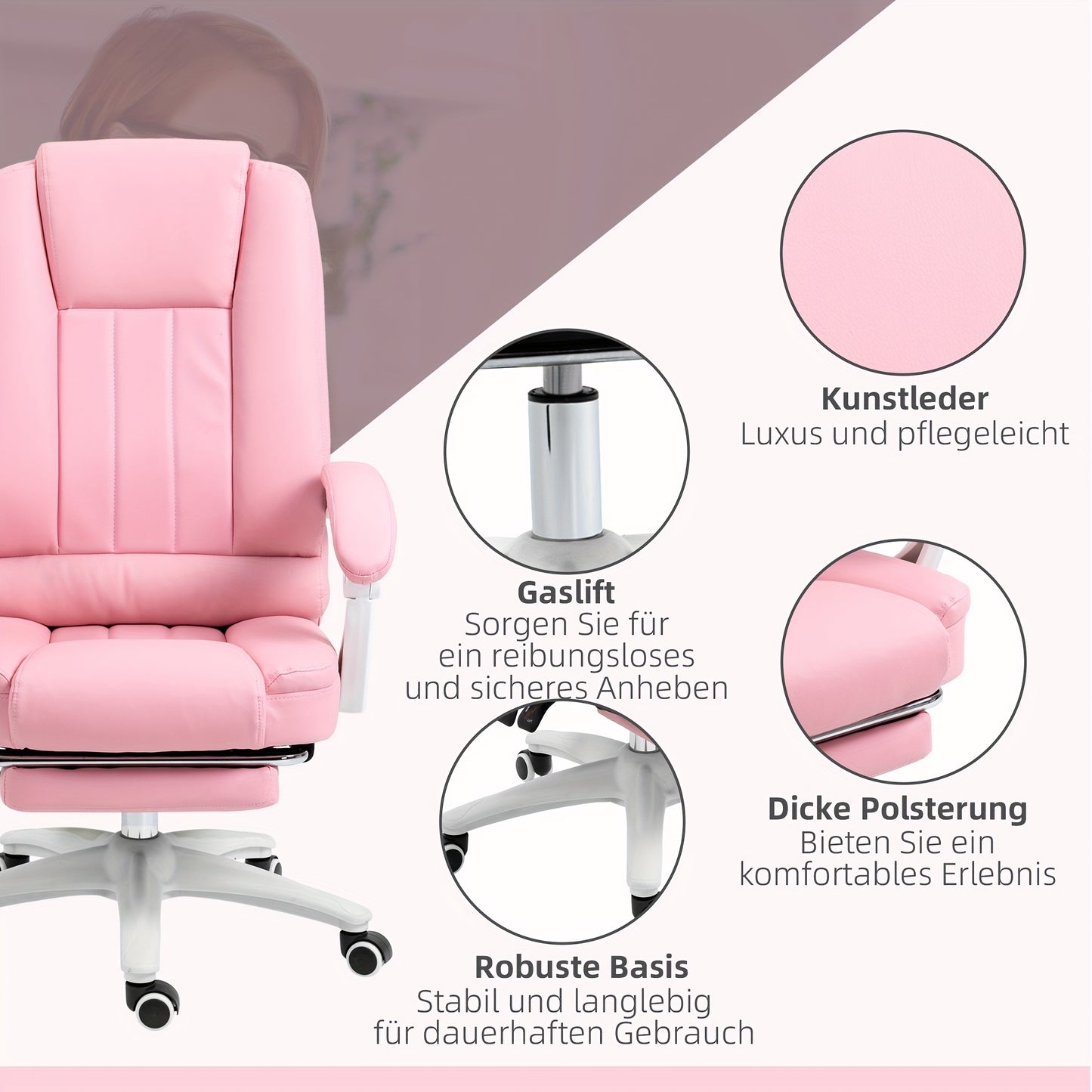 Bureaustoel – Bureaustoel – Kantoorstoel – Fauteuil – Bureaustoelen – Roze – Verstelbare Hoogte – Ingebouwde Voetensteun