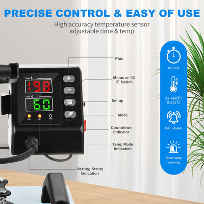 Heatpressmachine – Hittepers – Transferpers – Warmtepers – Drukpers – 30,48x25,4 cm Werkoppervlak – 360° Draaibare Swing-Away Arm – Snelle Opwarming – Digitale Temperatuurregeling tot 185°C