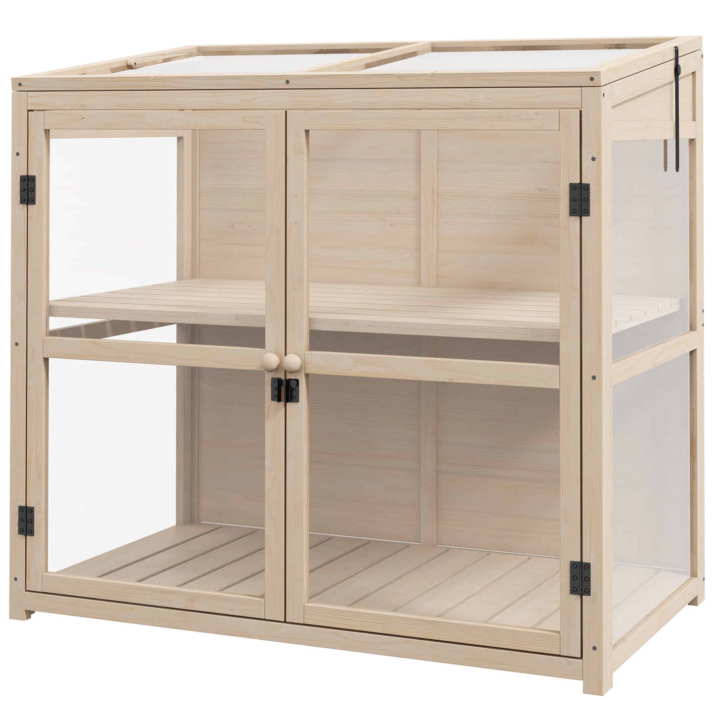 Houten Kweekkastje – Mini Kas – Kweekkast – Plantenkas – Kweekbak – Dubbele Deuren – Verstelbaar Dak – Natuurlijk Hout – Compact 103x61x103 cm – 2 Laags Met Acrylpanelen