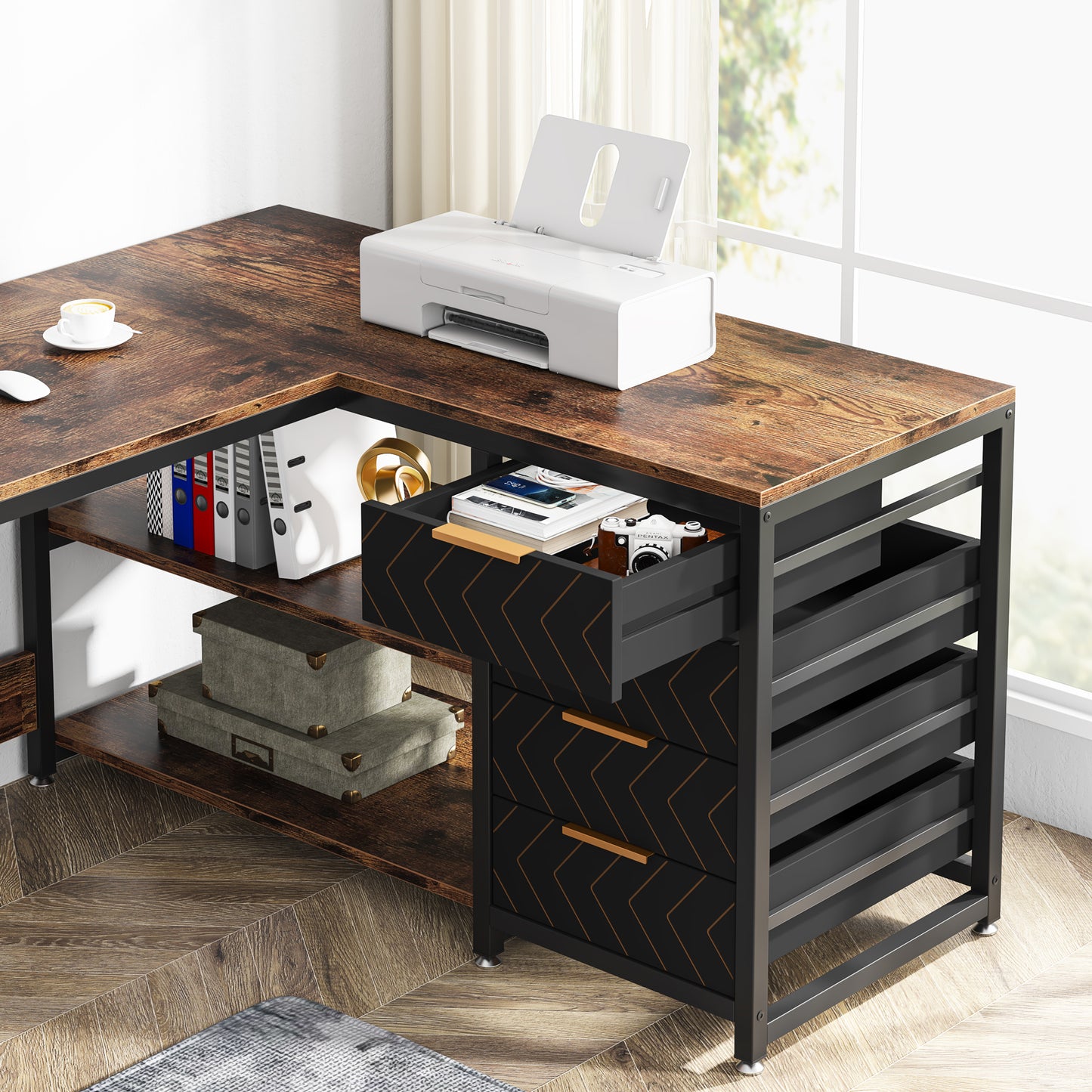 L-vormig Bureau – Hoekbureau – Computertafel – Werkplek – Bureau Met Laden – Bruin – Reversibel Ontwerp – Met Opbergruimte