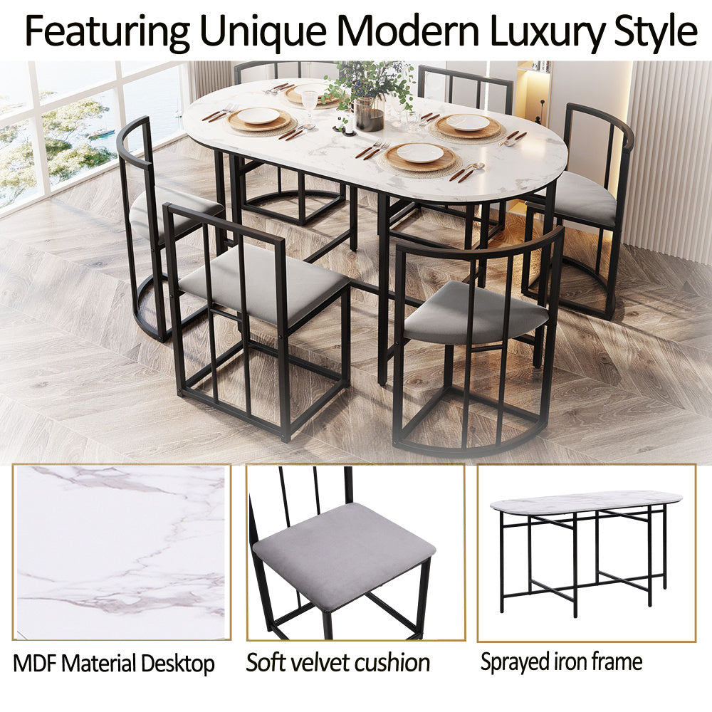 Eettafelset 6 Personen – Dining Table Set – Eetkamerset – Tafeltje Met Stoelen – Restaurantmeubilair – Modern Design – Wit MDF Blad – Zwart Metalen Frame – Comfortabele Grijze Stoelen – Duurzaam & Stevig