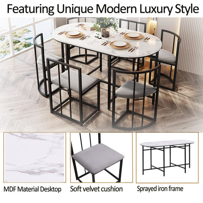 Eettafelset 6 Personen – Dining Table Set – Eetkamerset – Tafeltje Met Stoelen – Restaurantmeubilair – Modern Design – Wit MDF Blad – Zwart Metalen Frame – Comfortabele Grijze Stoelen – Duurzaam & Stevig