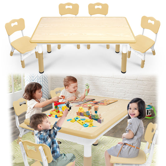 Kinder Tafel En Stoel Set – Speeltafel – Kindertafel – Verstelbaar Meubilair – Plastic Kindermeubel – Houtkleur – 4 Stoelen – Hoogte Verstelbaar – Geschikt Voor Binnen