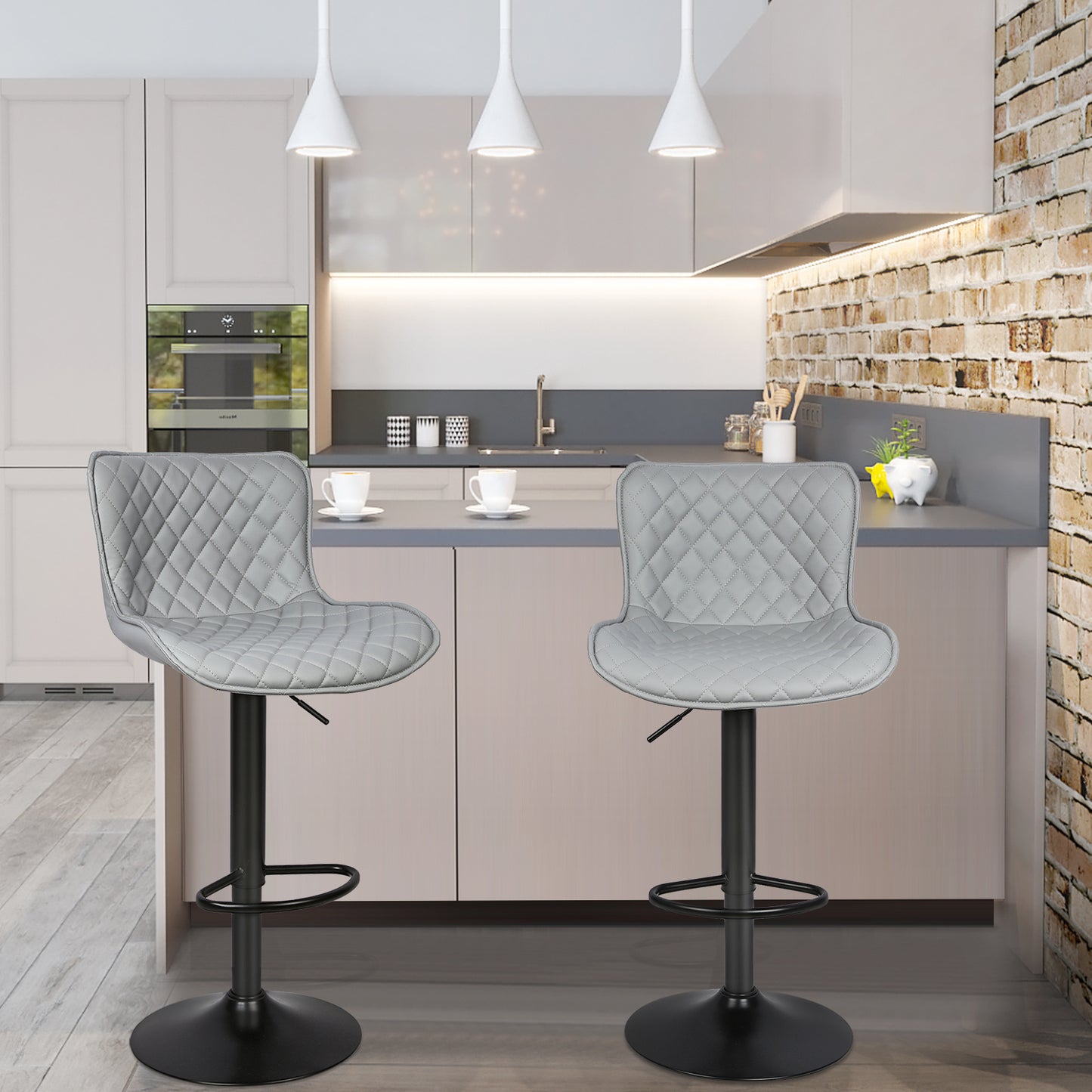 Barstoel – Barkruk – Barstoel Kruk – Barstoelen – Barkrukken Set – Verstelbare Hoogte 83-103 cm – Lichtgrijs PU Kunstleer – Zwart Metalen Frame – Stevig & Ruimtebesparend Design
