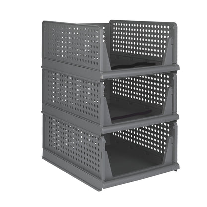 3pcs Stackable Closet Organizer Boxes - Heavy-Duty Foldable Plastic Storage Baskets with Sturdy Frame, Space-Saving Clothes Organizer for Wardrobe, Laundry Room, Under-Bed Storage, Bathroom, Kitchen - Modern Home Organization