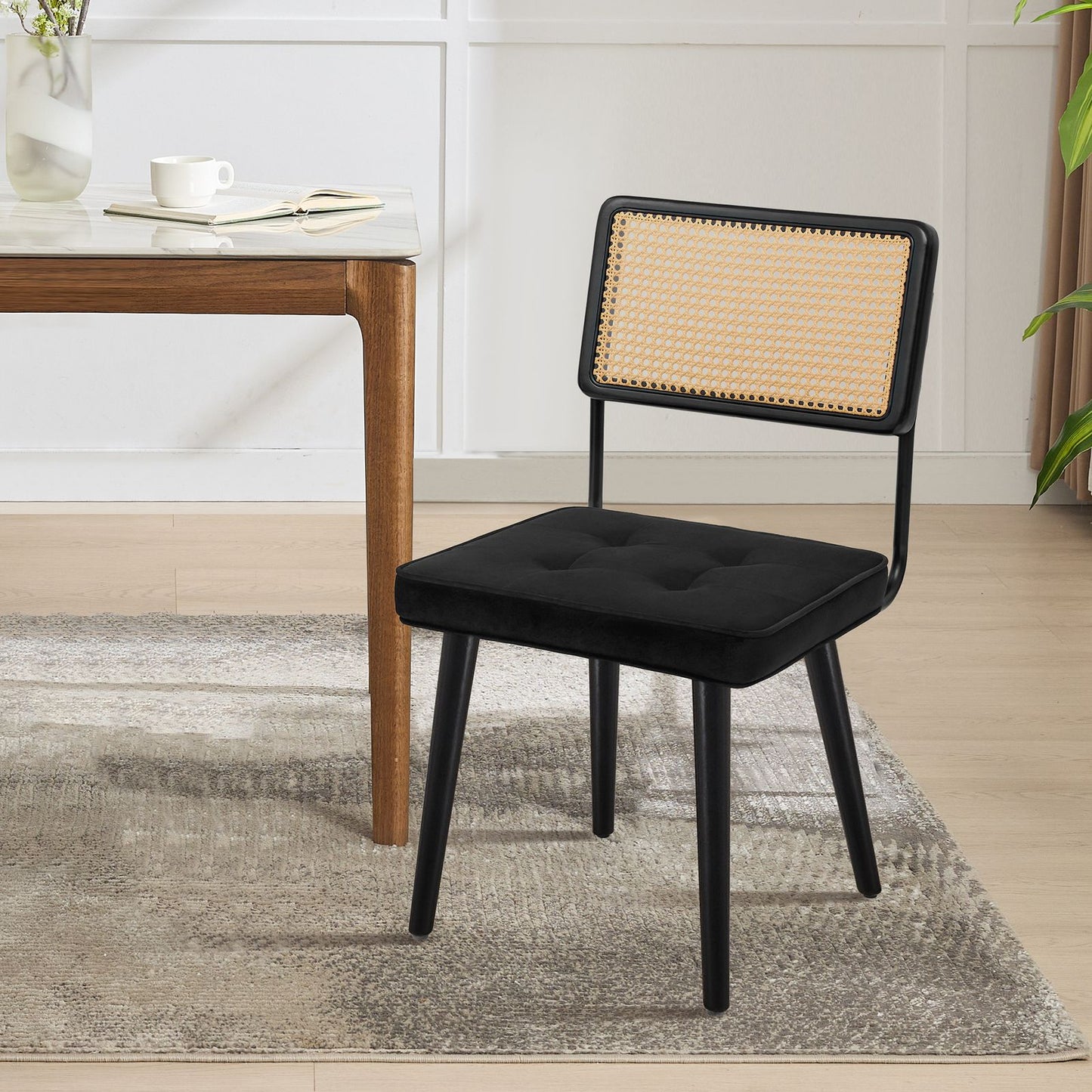 Eetkamerstoel – Stoel – Kuipstoel – Keukenstoel – Dinerstoel – Rattan Zitting – Houten Poten – Set Van 2 – Gestoffeerd – Gevlochten Rugleuning – Warm Bruin