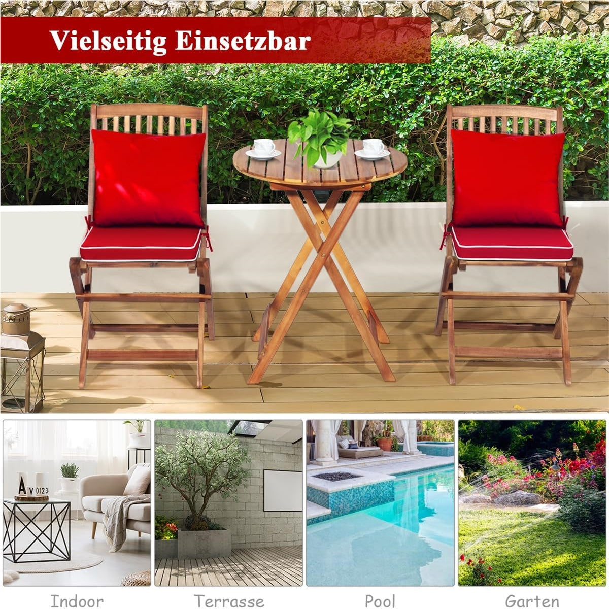 Bistroset – Tuinset – Balkonset – Eettafelset – Tuinmeubilair – Inklapbaar – Acaciahouten 3-delig met Rood Kussen