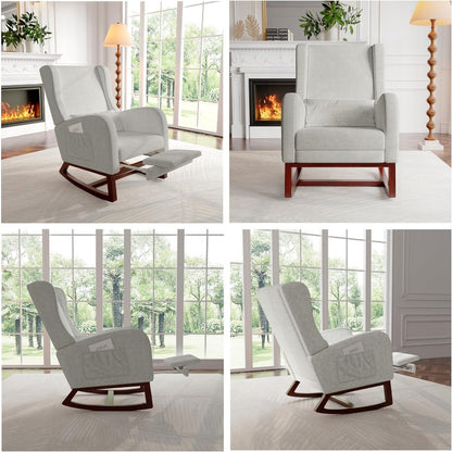 Schommelstoel – Fauteuil – Relaxstoel – Loungestoel – Nursing Chair – Met Voetsteun en Lumbar Kussen – Ademend Linnen en Robuust Houten Frame – Lichtgrijs