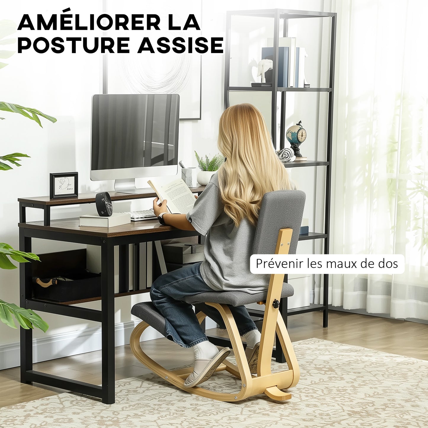 Kniestoel – Ergonomische Bureaustoel – Knielstoel – Zitknieler – Rocking Chair – Verbeterde Houding – Massief Beukenhout – Grijs