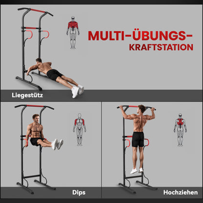 Verstelbare Power Tower – Dipstation – Pull-Up Bar – Fitnessrek – Krachtstation – Zwart Rood – Stevig Stalen Frame – Antislip Zuignappen