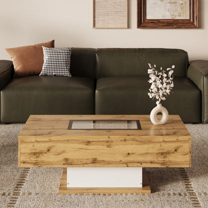 Salontafel – Koffietafel – Bijzettafel – Tafel – Woonkamertafel – Houtkleur – Glasblad – 2 Lade – Modern Design – Direct Gebruiksklaar