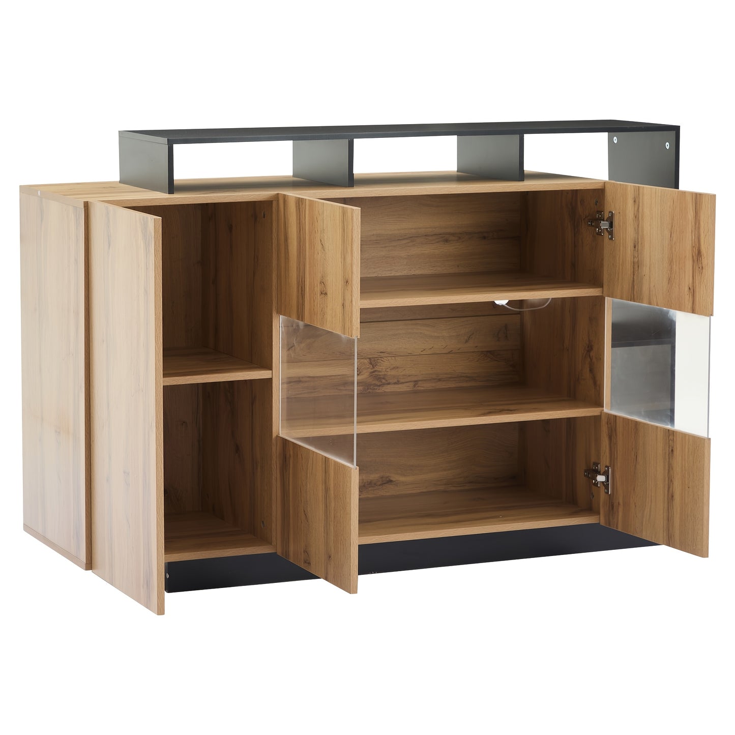 Modern Oak Veneer MDF Glazen Kast – Sideboard – Dressoir – Credenza – Opbergkast – Glazen Deuren – Zwart Frame – Eikenhout Afwerking – 68,58 cm Hoog – Zonder Spaanplaat