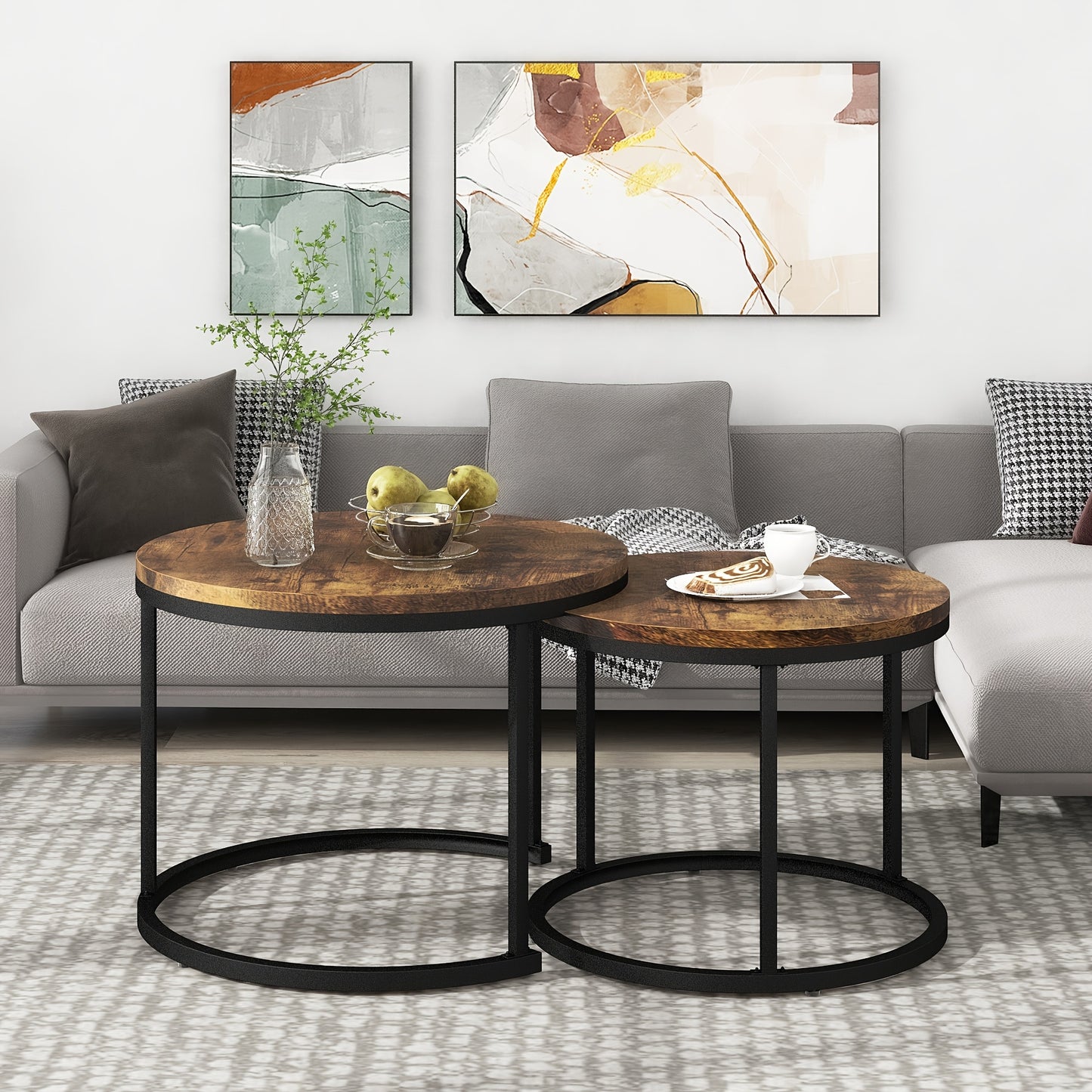 Set van 2 Ronde Bijzettafels – Salontafel – Nachtkastje – Tafelset – Side Table – Bruin Metalen Frame – Ruimtebesparend Ontwerp – Eenvoudig Montagedesign